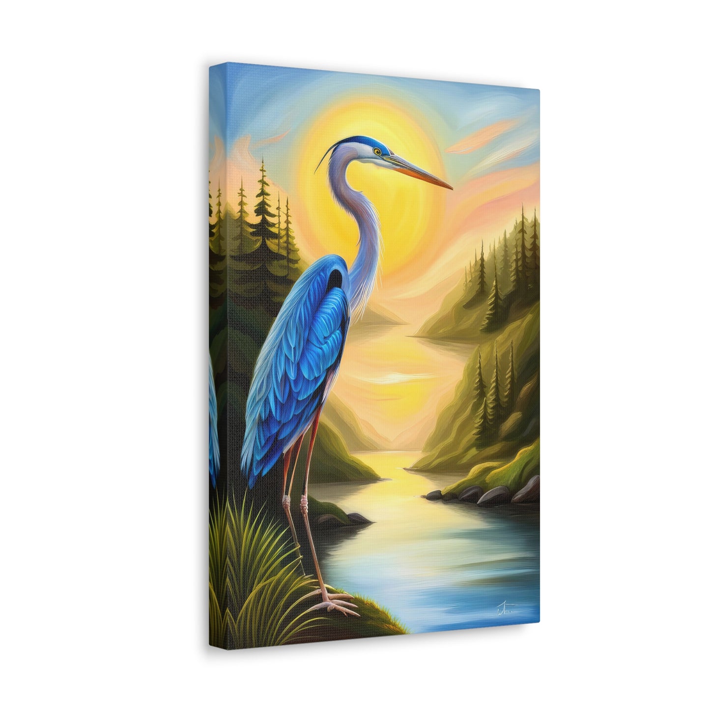 Blue Heron in A Scenic Landscape Oil Painting Canvas Print