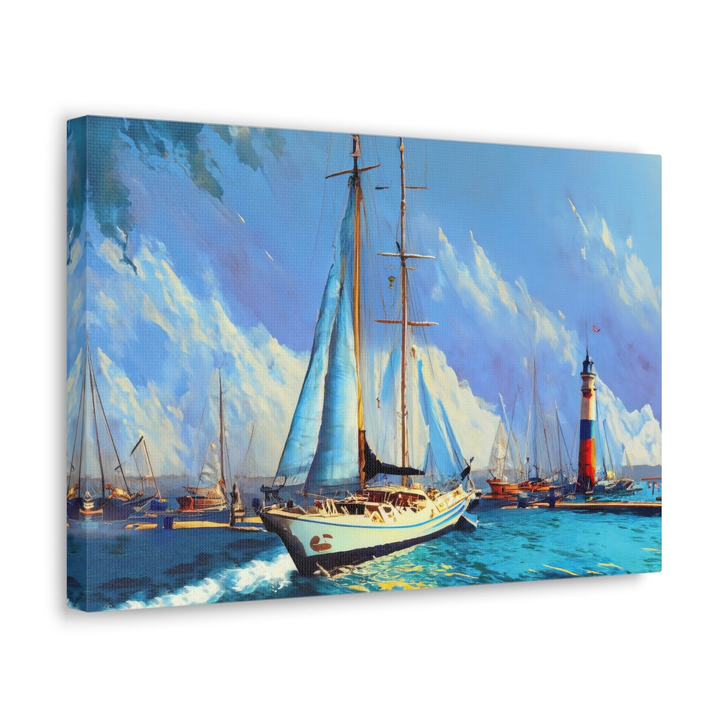 Sailboat and Lighthouse Oil Painting Canvas Print