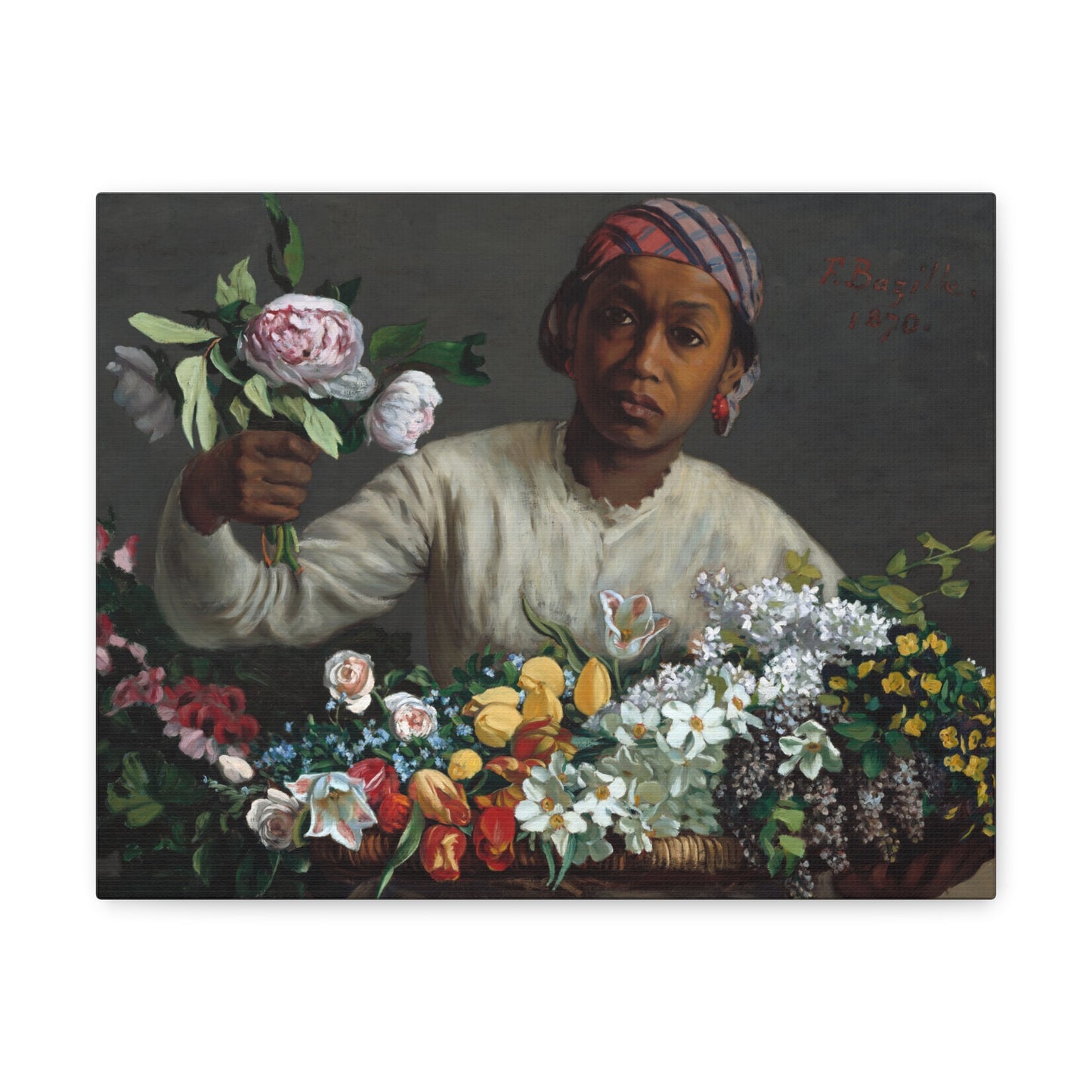 Young Woman with Peonies by Frederic Bazille Canvas Print