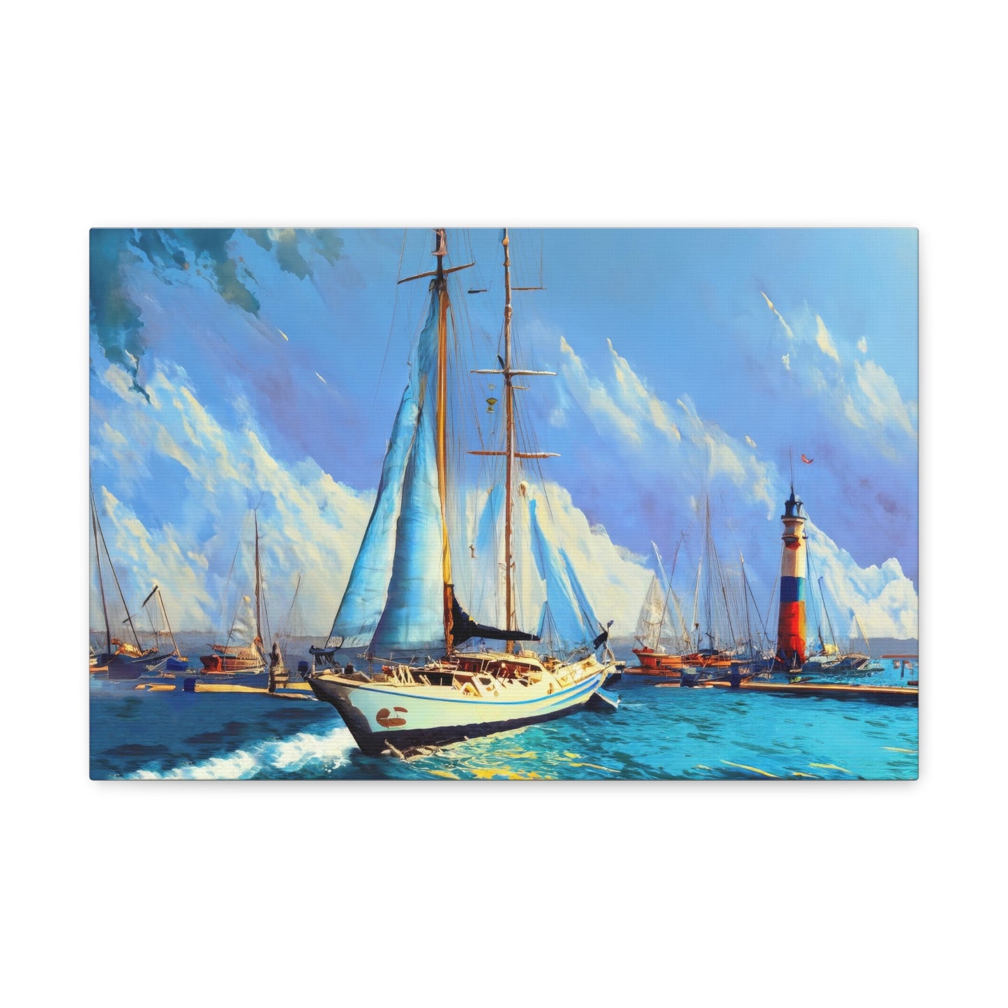 Sailboat and Lighthouse Oil Painting Canvas Print