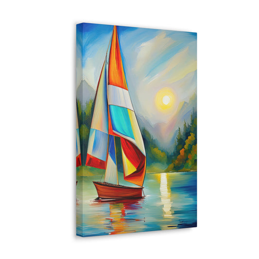 Colorful Sailboat at Sunset Acrylic Painting Canvas Print