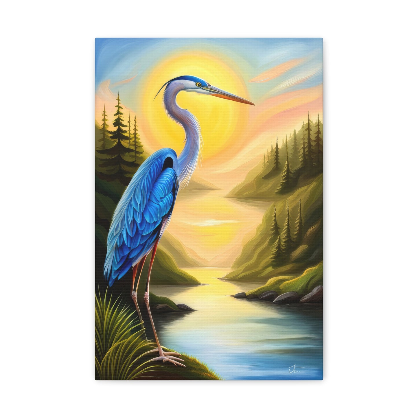 Blue Heron in A Scenic Landscape Oil Painting Canvas Print