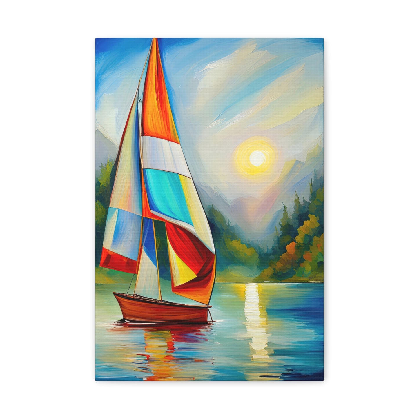 Colorful Sailboat at Sunset Acrylic Painting Canvas Print