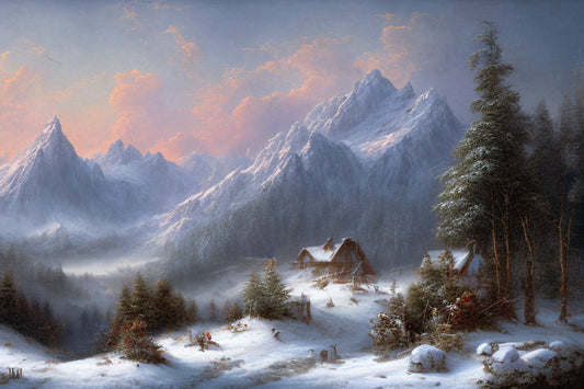 Snowy Mountainscape with Trees in Winter Art Print