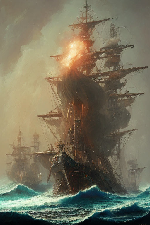 Ship on Fire in The Ocean Waves Art Print