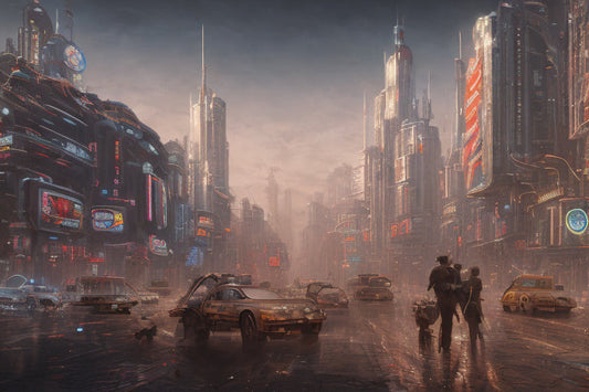 Futuristic City with Cars at Sunset Art Print