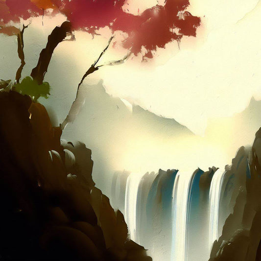 Japanese Maple and Waterfalls Painting Art Print