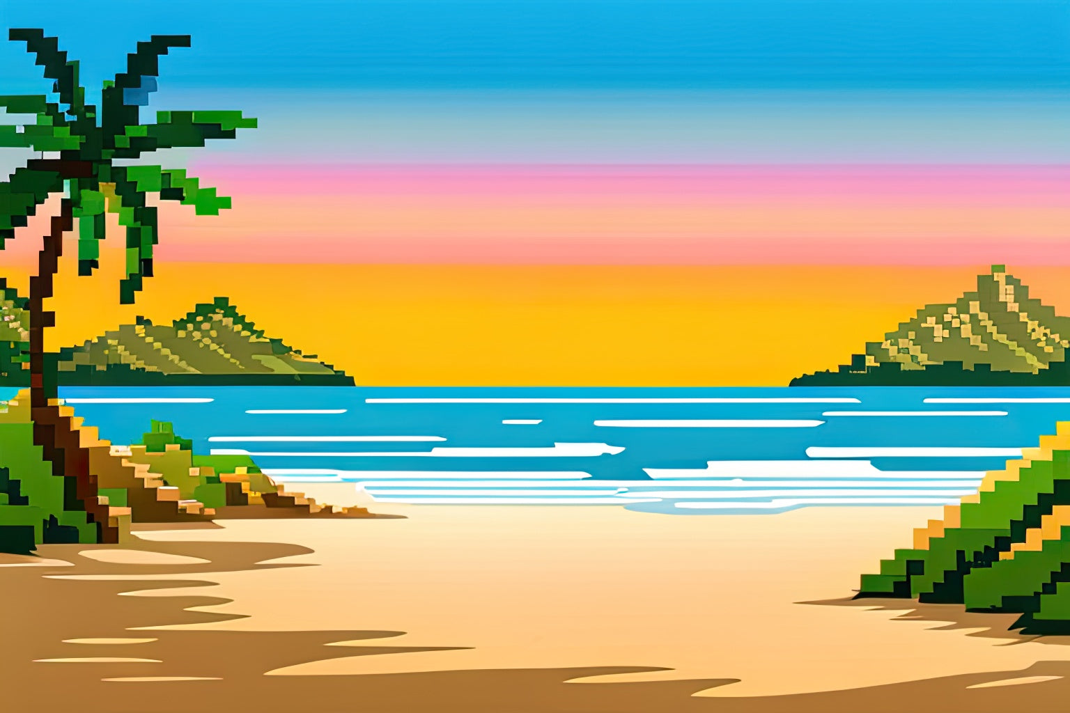 Beach Scene in Pixels Art Print