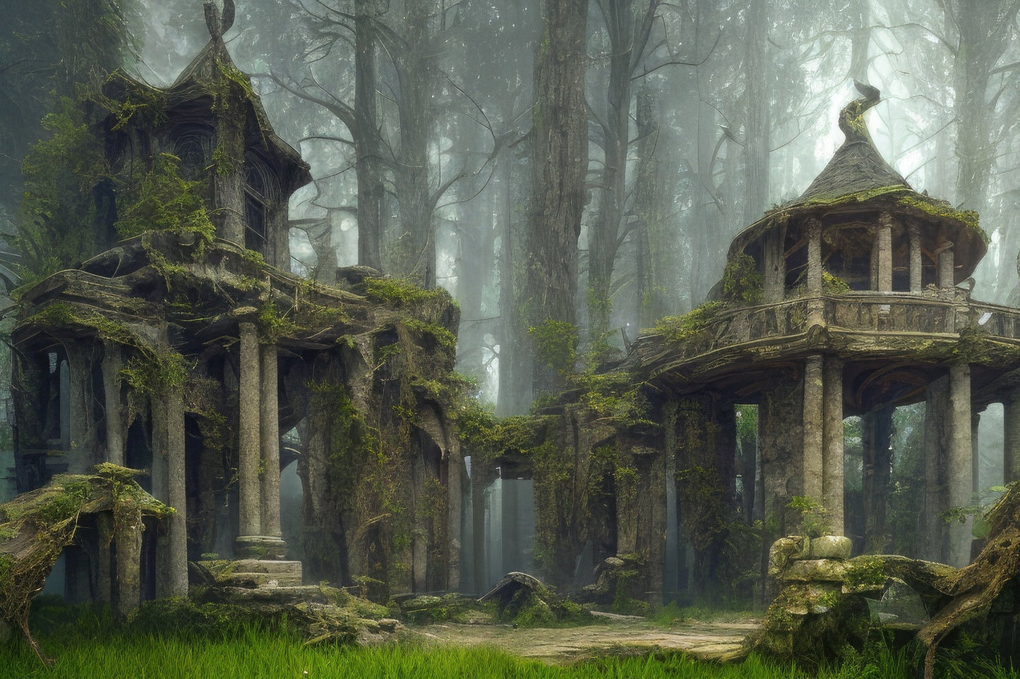 Vine Covered Ruins Digital Matte Painting Art Print