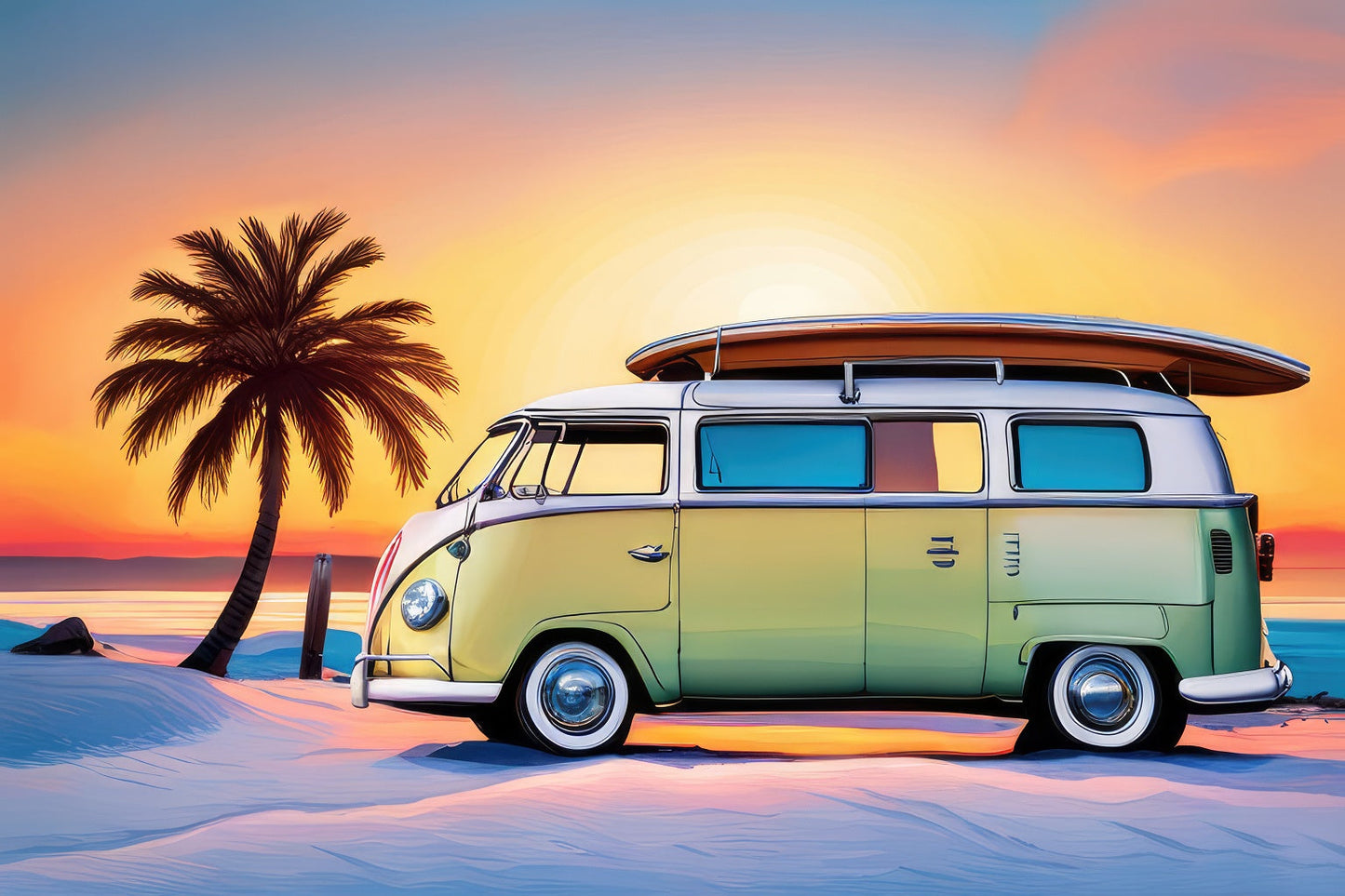 VW Bus with Surfboard on The Beach Photo Art Print