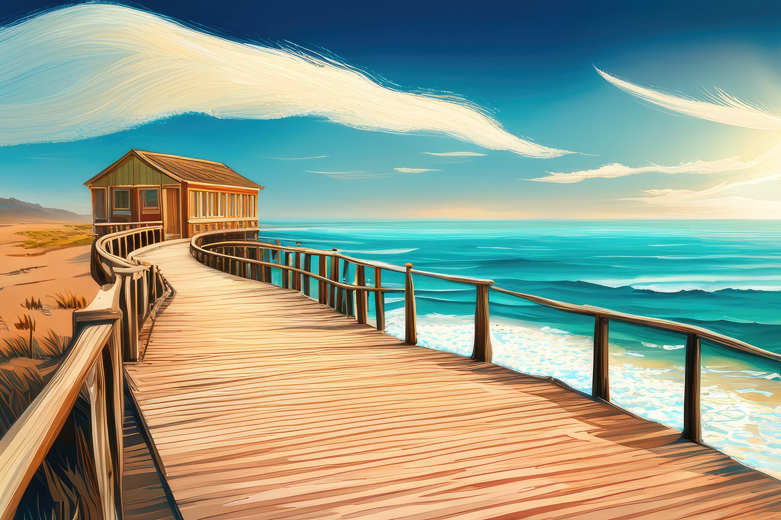 Boardwalk Leading to A Beach House Digital Painting Art Print