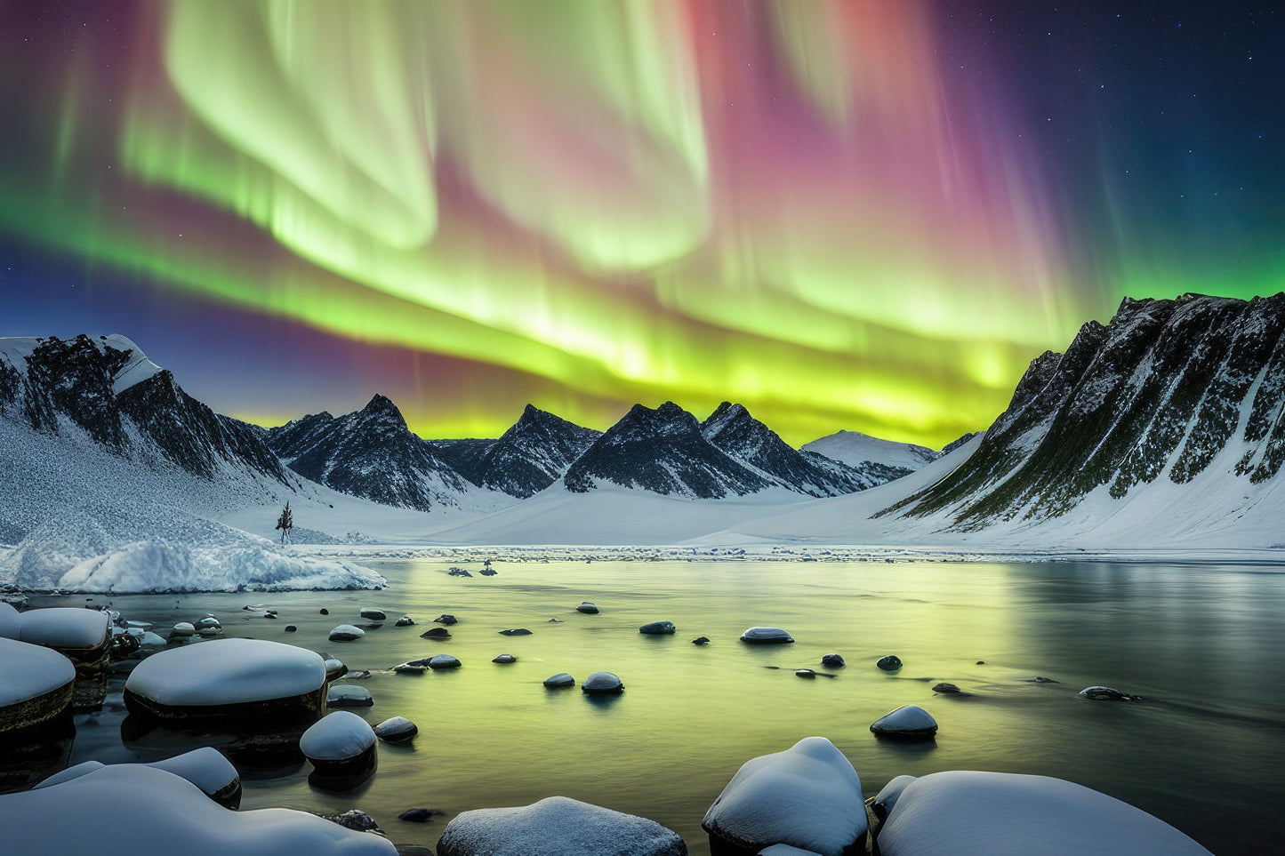 Aurora Borealis Over Snowy Mountains Photo II Art Print