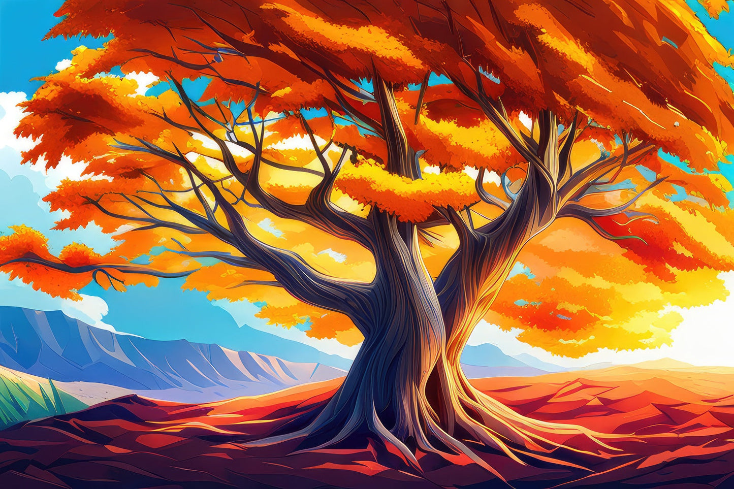 Autumn Oak Tree Digital Illustration Art Print