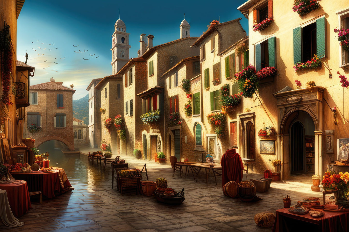 Italian Plaza in The Evening Painting Art Print