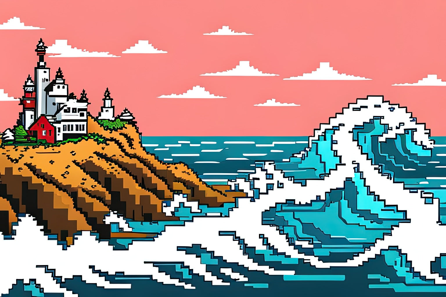 Ocean Waves Near Beachside Town Pixel Art Print – Keep Calm Collection