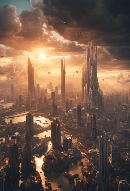 Futuristic City at Sunset Digital Matte Painting Art Print