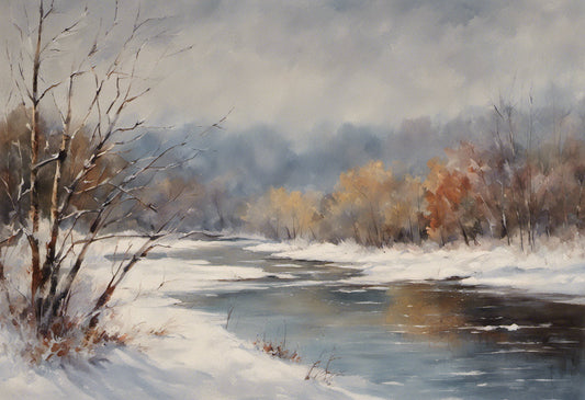 Snowy Stream in Winter Oil Painting I Art Print