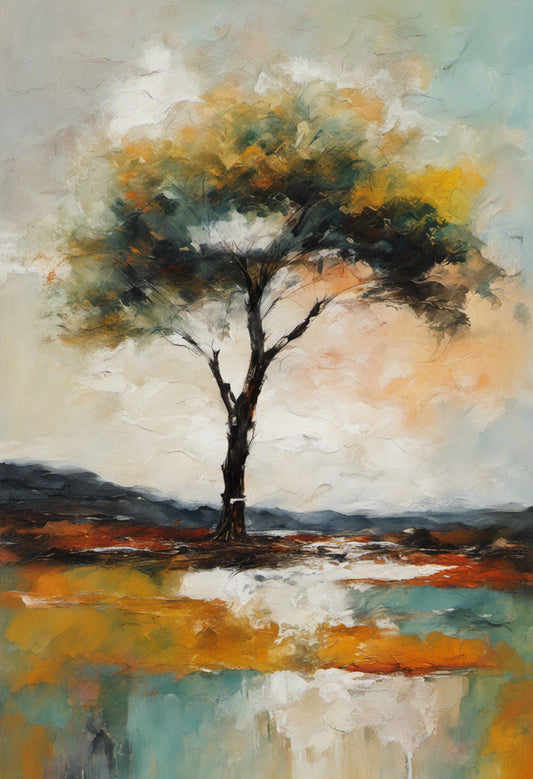 Solitary Tree and Stream Acrylic Landscape Painting Art Print