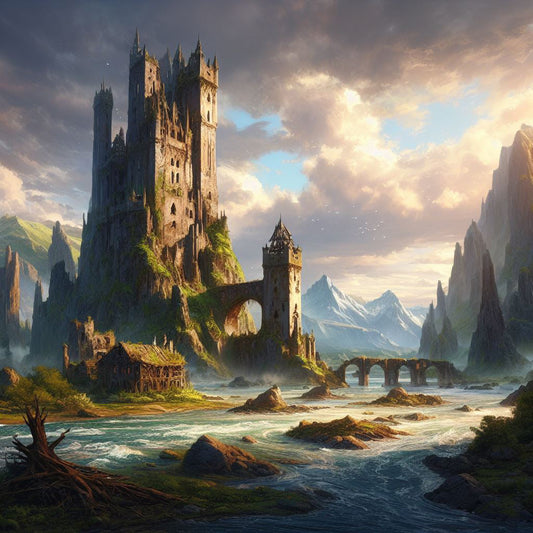 Fantasy Tower Ruins Near A River Digital Painting Art Print