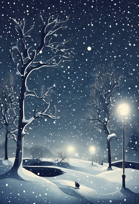 Snowy Midnight Scene in Winter Illustration Art Print